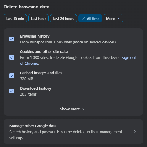 Chrome Clear Browsing Data
