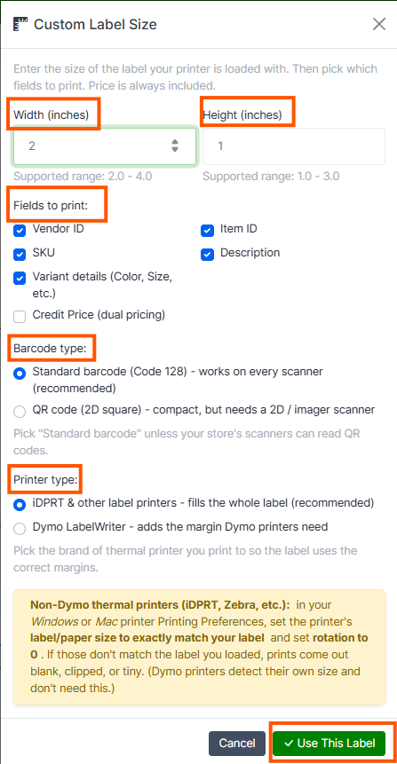 Custom Label dialog