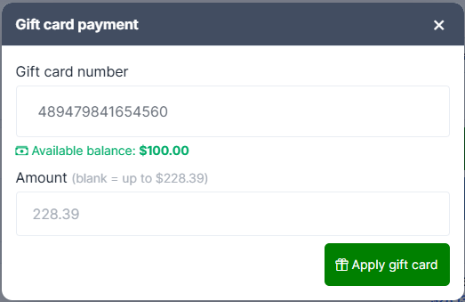 Gift Card payment with balance