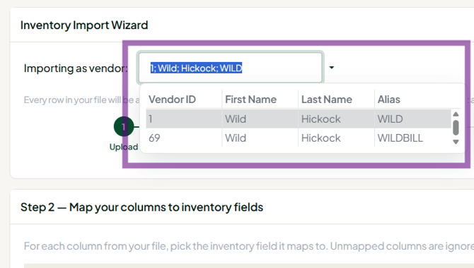 Import Inventory select vendor