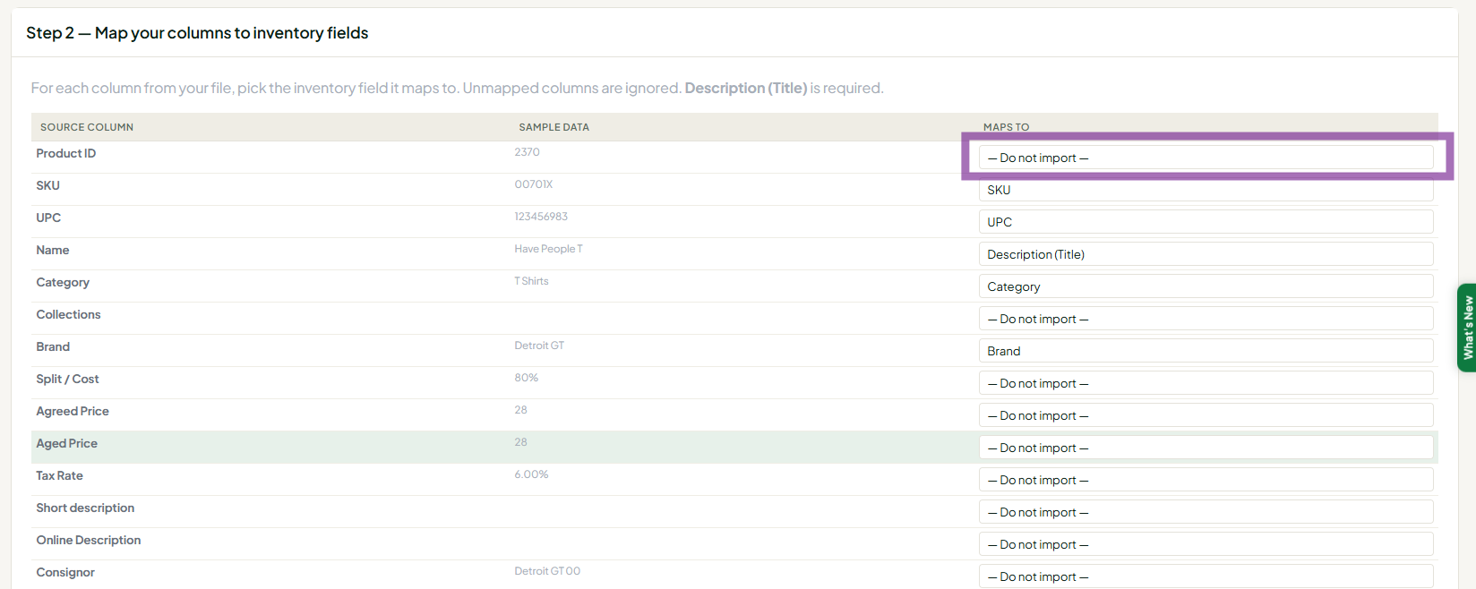 Import inventory do not import column