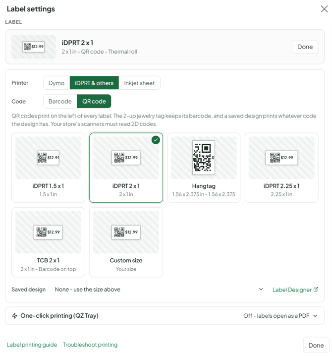 Inventory label settings picker