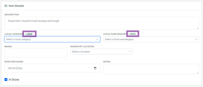 Item Details New Category Subcategory