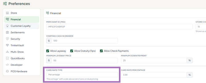 Preferences card rate type