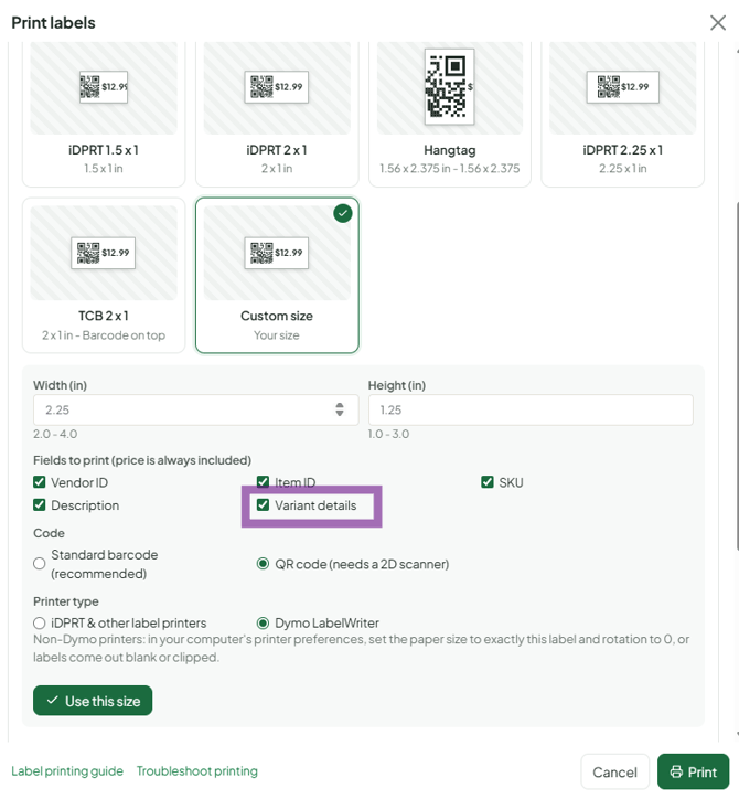 Print labels variant checkbox