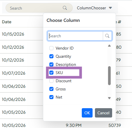 Report column chooser sku