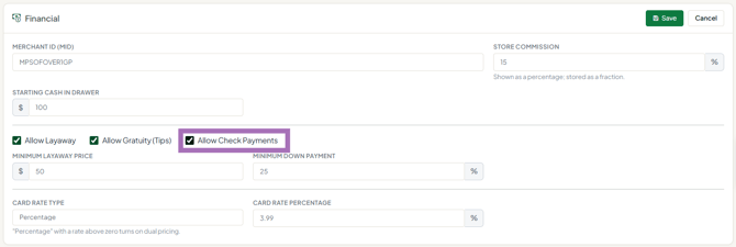 Settings Financial allow checks