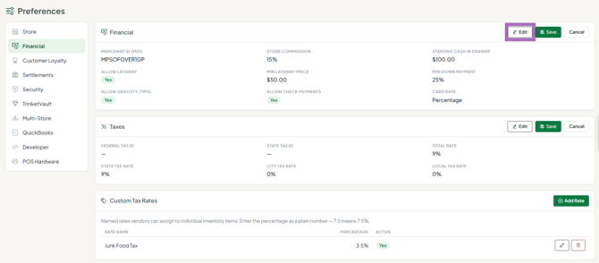 Settings Financial tab