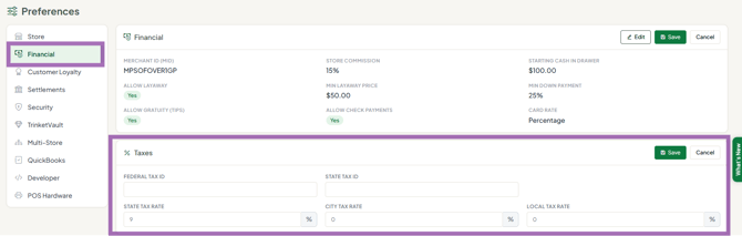 Store settings financial tab
