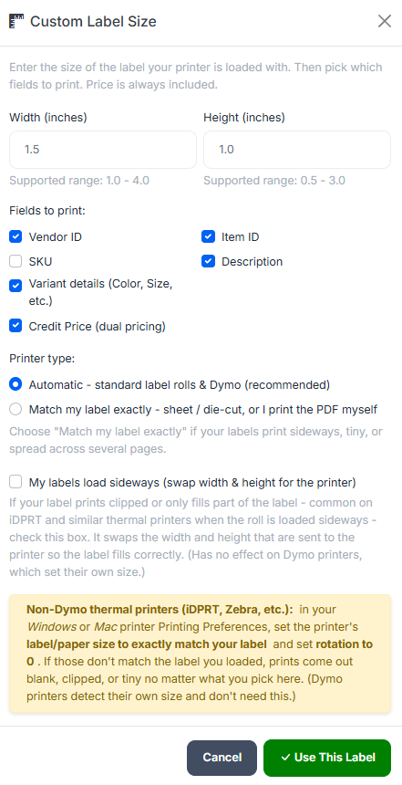 Syncrostore Custom Label Size