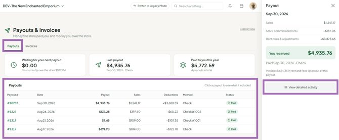 Vendor payouts page