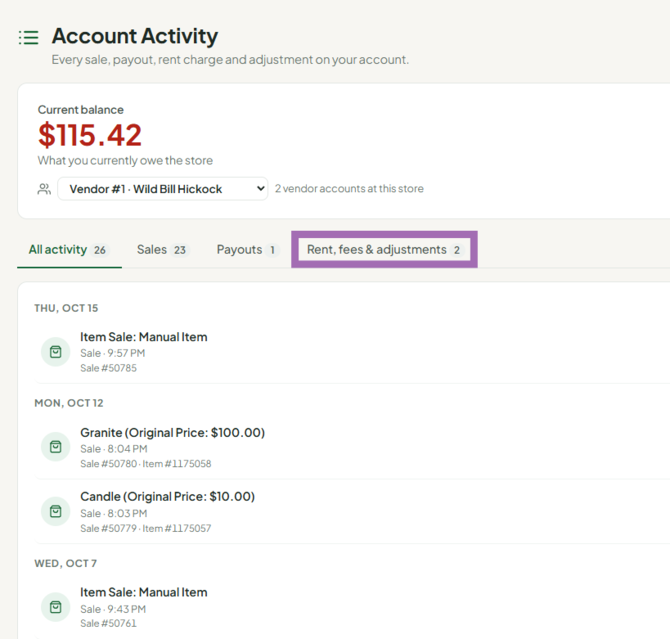 accoutn activity rent fees and adjustments