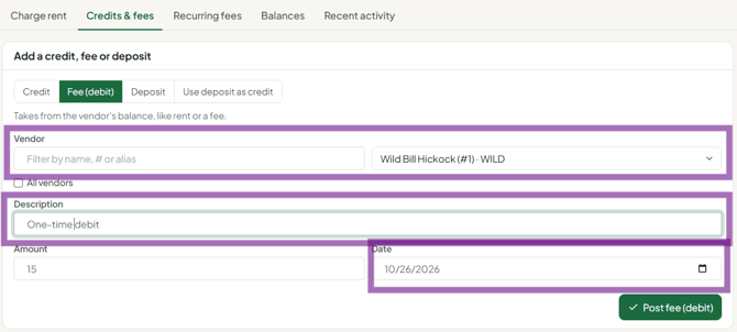 credits debits fees