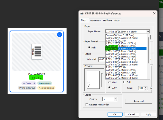 label selected vs print preferences