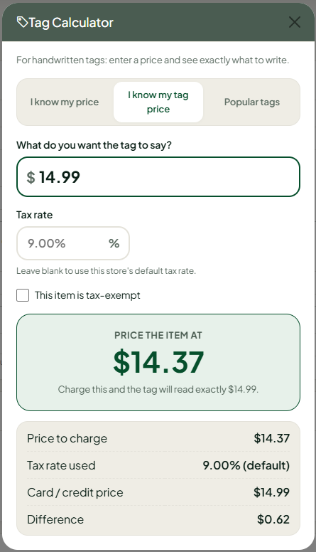 tag calculator i know my price